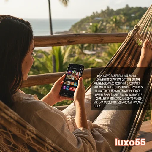 Jogadora usando aplicativo de slot games da luxo55 no celular.