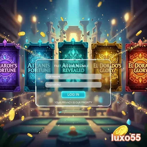 Tela de login do luxo55 com slots de jogos populares.