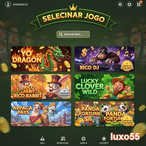 Tela de seleção de jogos VIP no luxo55 com várias opções.