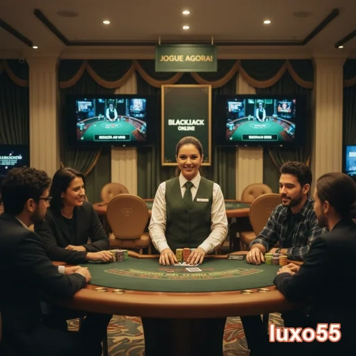Jogadores em mesa de blackjack no luxo55, com dealer.