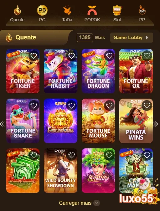 Tela do site luxo55 com slots populares e variados.