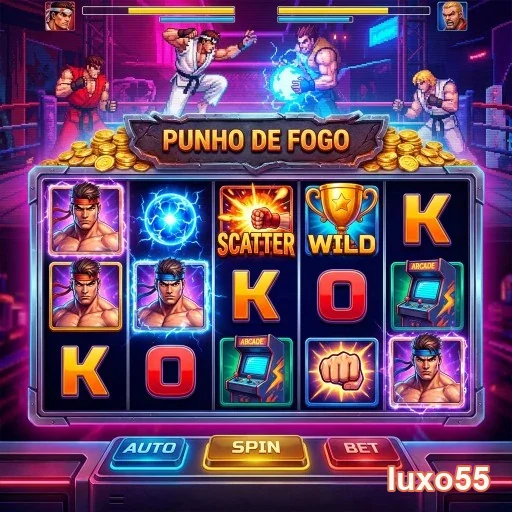 Slot de Punho de Fogo no luxo55, com símbolos de luta.