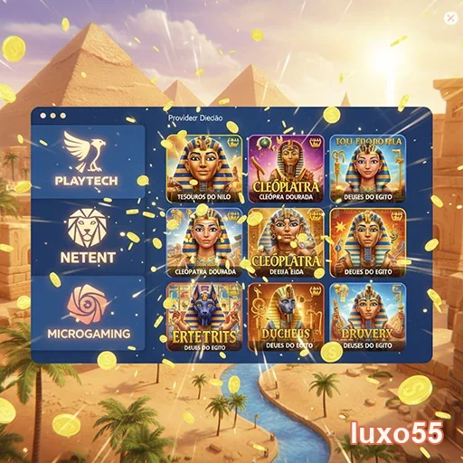 Variedade de slots no luxo55 com temas egípcios e gráficos vibrantes.