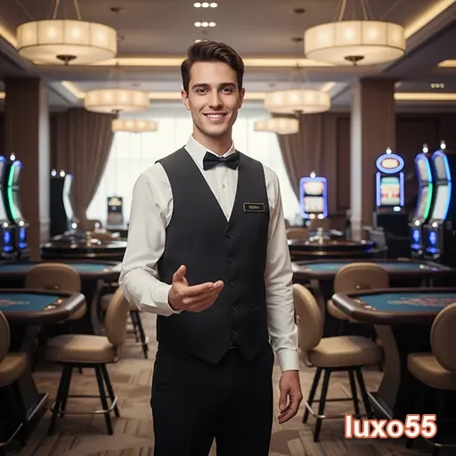 Dealer sorridente em cassino luxuoso no luxo55