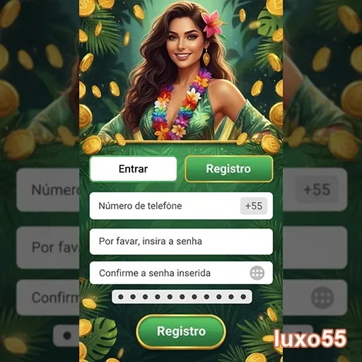 luxo55 oferece tela de registro com bônus VIP em celular.